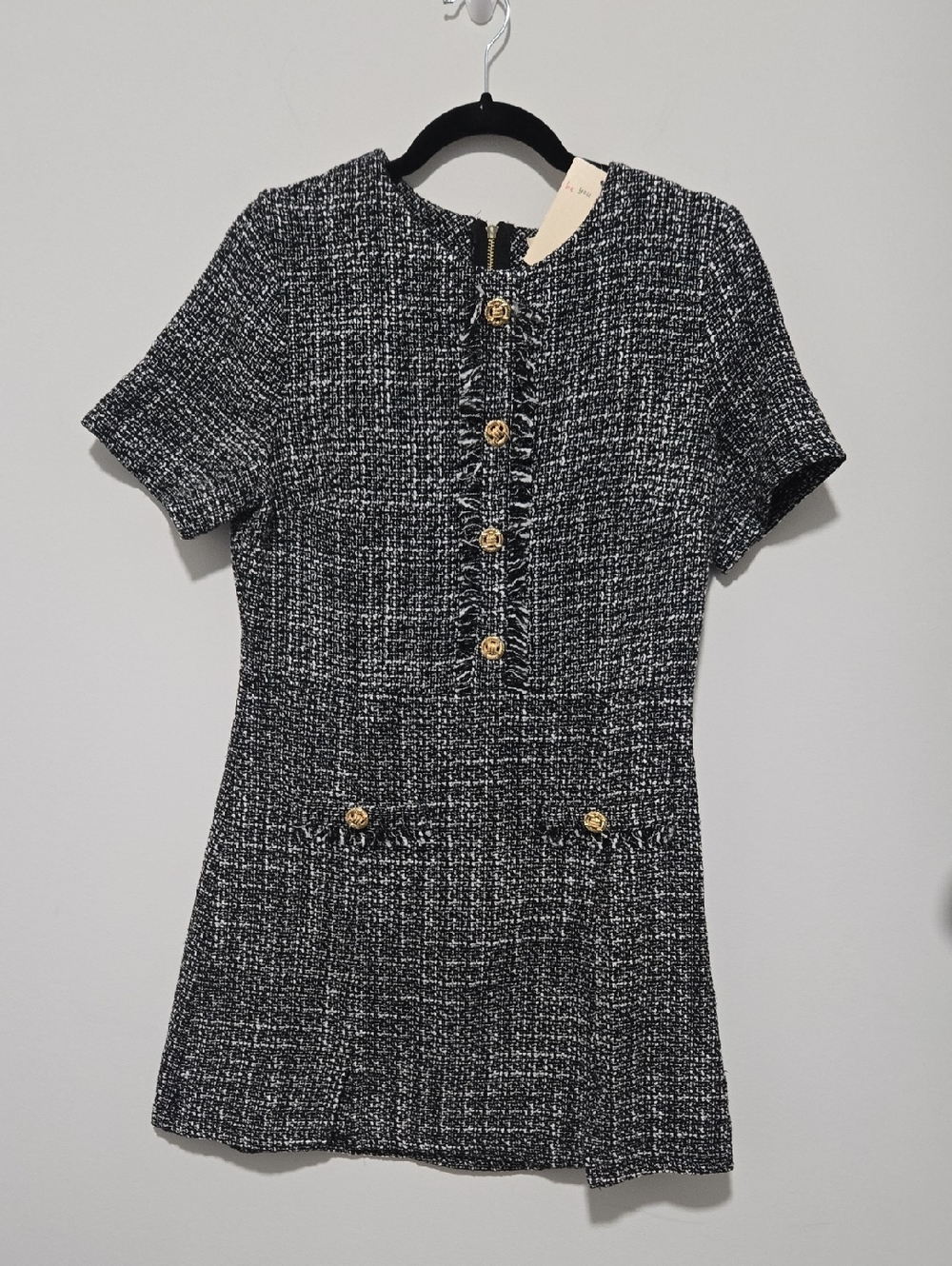 BeBop Black and White Tweed Short Sleeve Dress with Gold Buttons